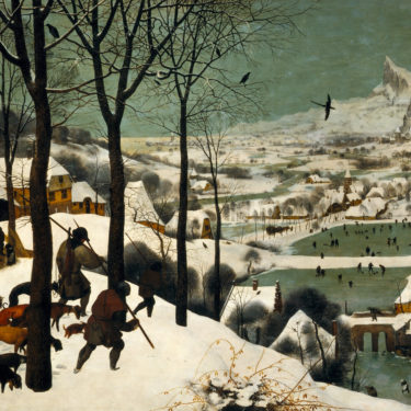 an oil painting of a wintry scene in which three hunters are returning from an expedition accompanied by their dog